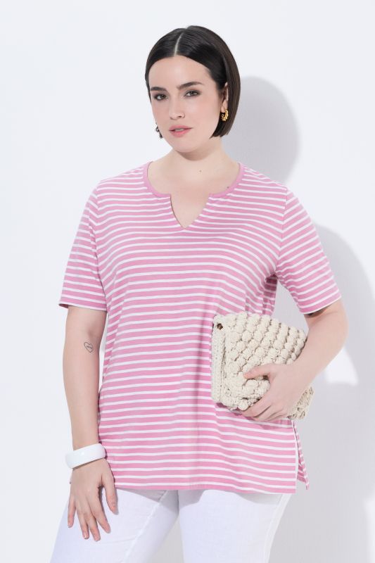 Striped Split Neck Short Sleeve Tee