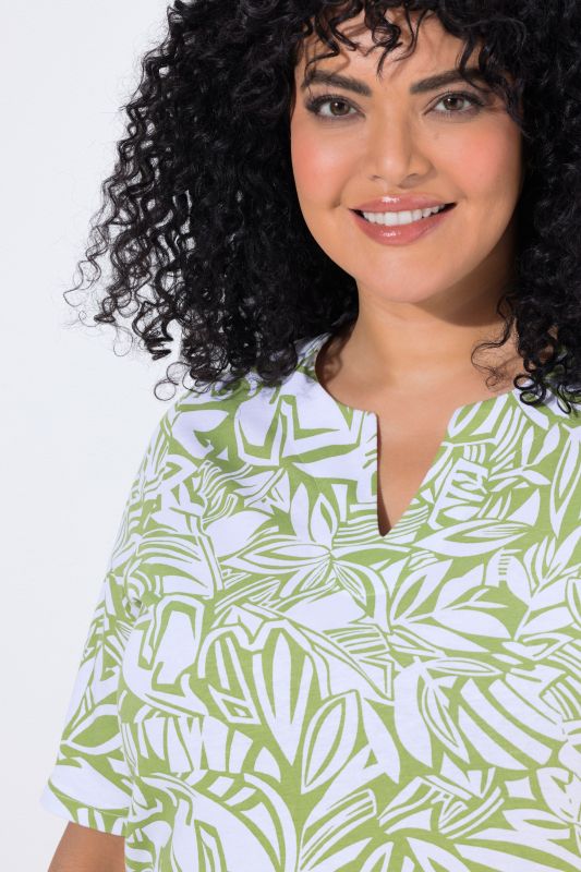 Abstract Foliage Short Sleeve Split Neck Tee