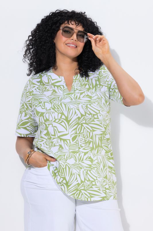 Abstract Foliage Short Sleeve Split Neck Tee
