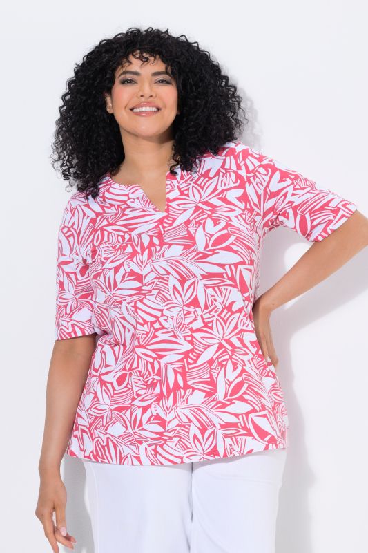 Abstract Foliage Short Sleeve Split Neck Tee