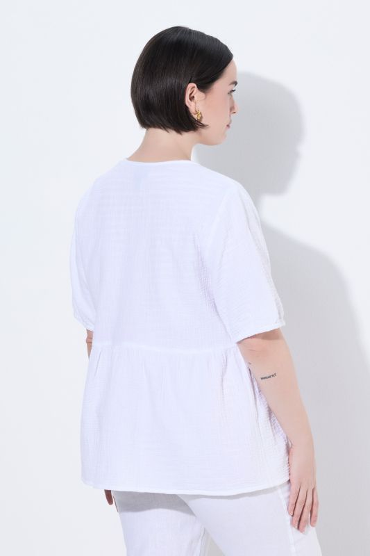Muslin Short Sleeve Ribbon Tie Blouse