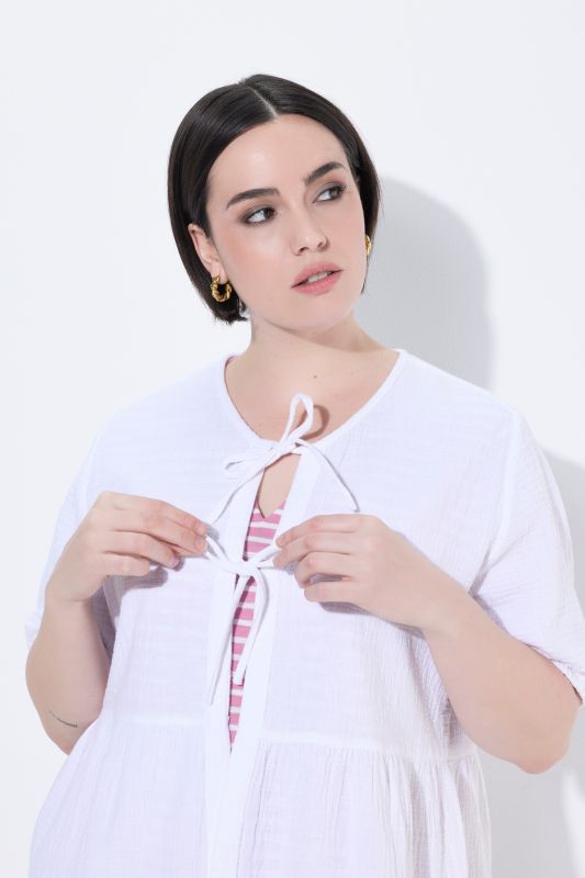 Muslin Short Sleeve Ribbon Tie Blouse