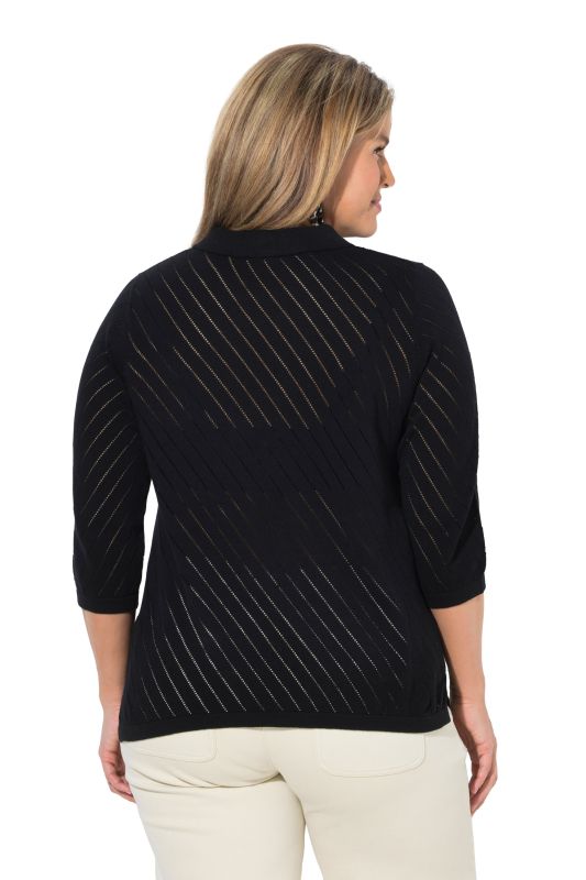 Eco Cotton Openwork Striped 3/4 Sleeve Polo Sweater