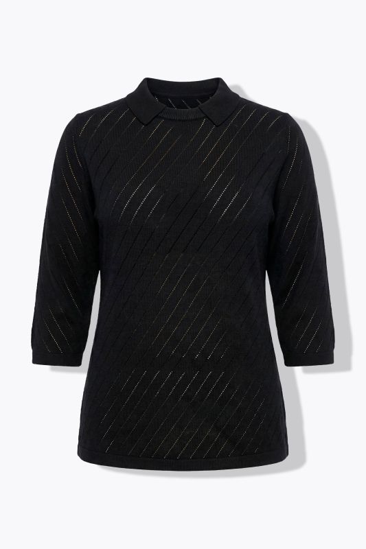 Eco Cotton Openwork Striped 3/4 Sleeve Polo Sweater