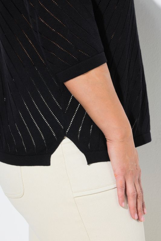 Eco Cotton Openwork Striped 3/4 Sleeve Polo Sweater