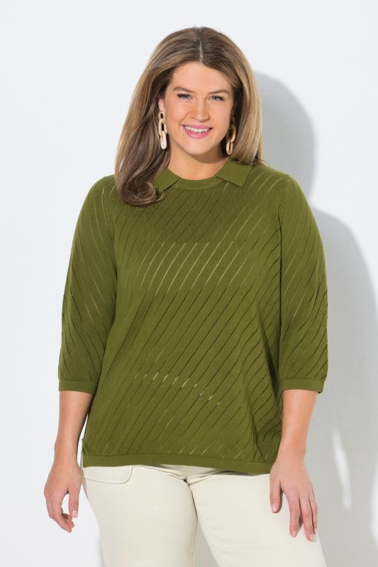 Eco Cotton Openwork Striped 3/4 Sleeve Polo Sweater