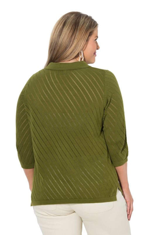 Eco Cotton Openwork Striped 3/4 Sleeve Polo Sweater