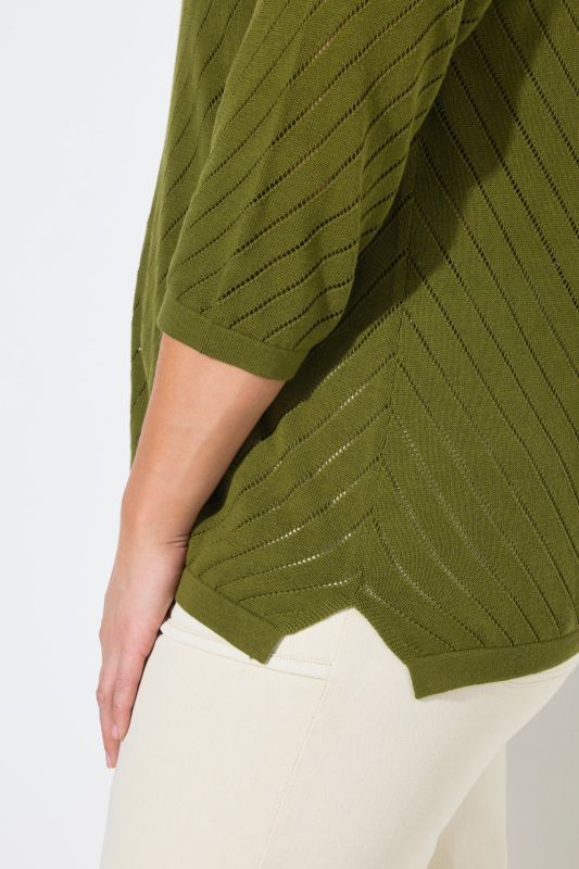 Eco Cotton Openwork Striped 3/4 Sleeve Polo Sweater