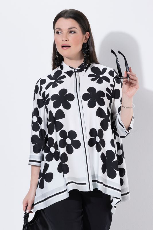 Flower Print Pointed Hem Satin Blouse