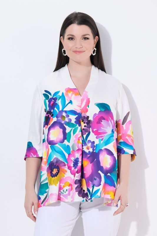 Watercolor Floral 3/4 Sleeve Satin Blouse