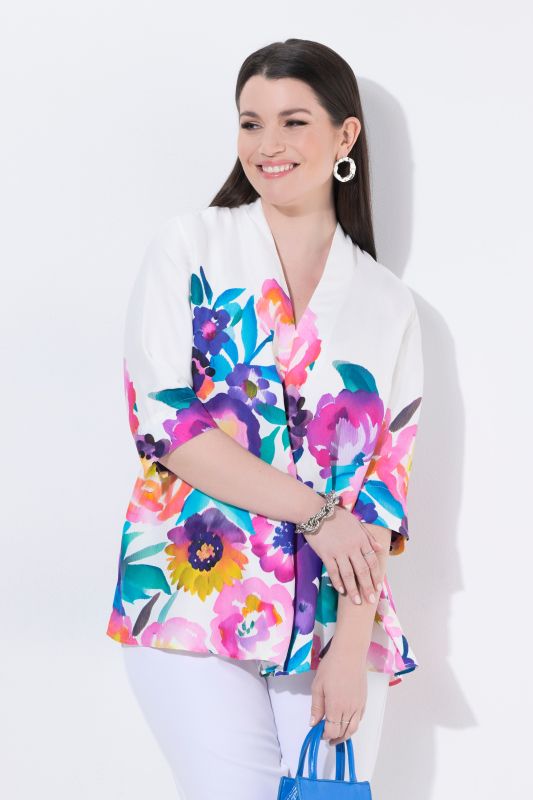 Watercolor Floral 3/4 Sleeve Satin Blouse