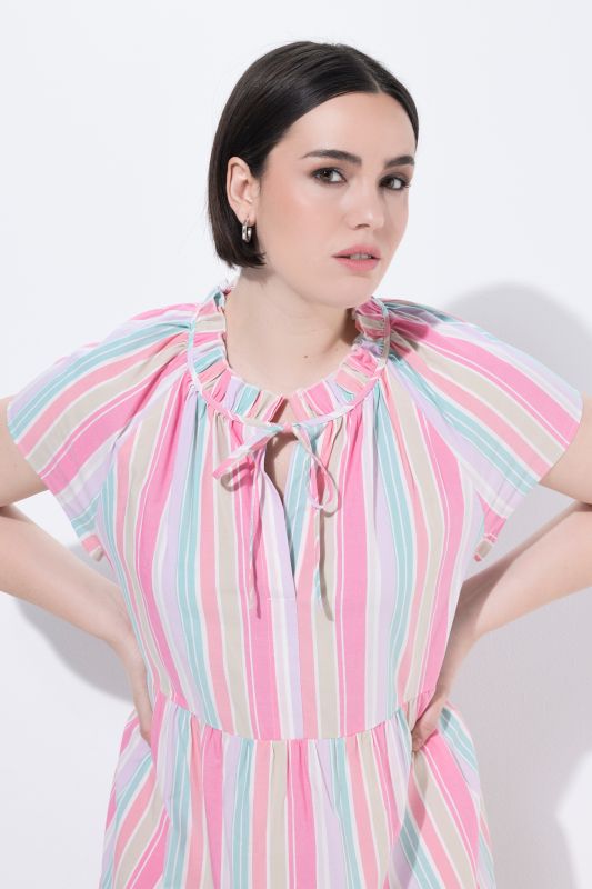 Pastel Striped Short Sleeve Flounce Dress