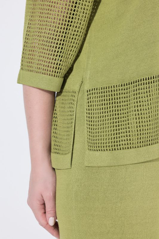 Openwork Stripe Collared 3/4 Sleeve Sweater