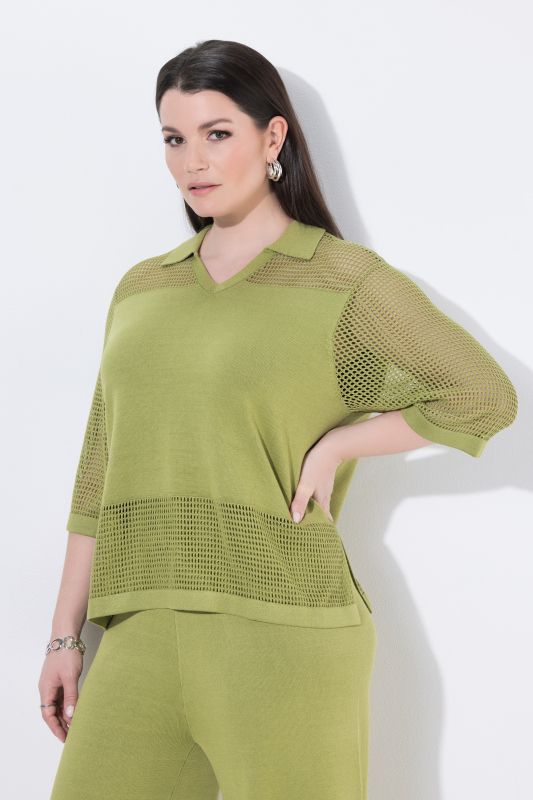 Openwork Stripe Collared 3/4 Sleeve Sweater