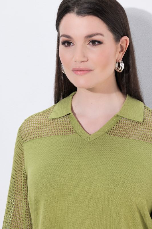 Openwork Stripe Collared 3/4 Sleeve Sweater