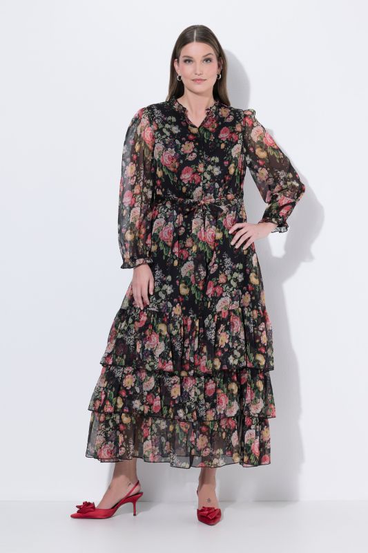 Floral Chiffon Long Sleeve Flounce Dress