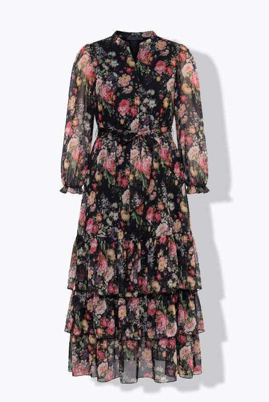 Floral Chiffon Long Sleeve Flounce Dress
