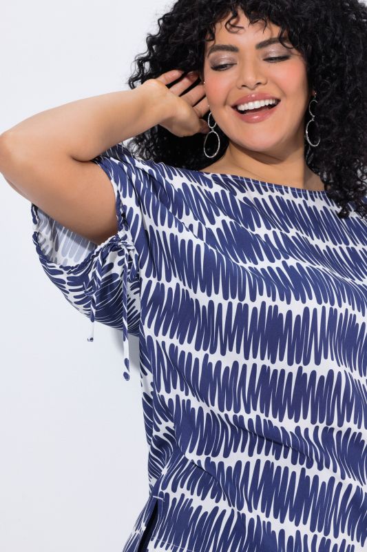 Scribble Print Drawstring Sleeve Blouse