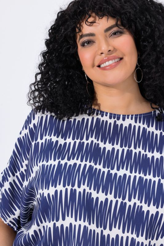Scribble Print Drawstring Sleeve Blouse