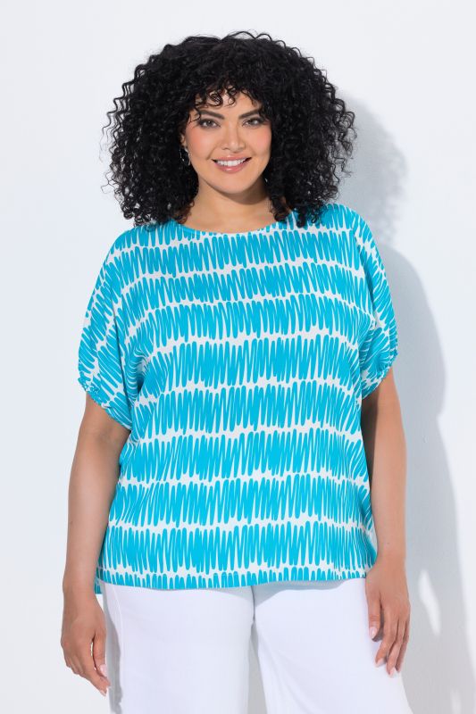 Scribble Print Drawstring Sleeve Blouse