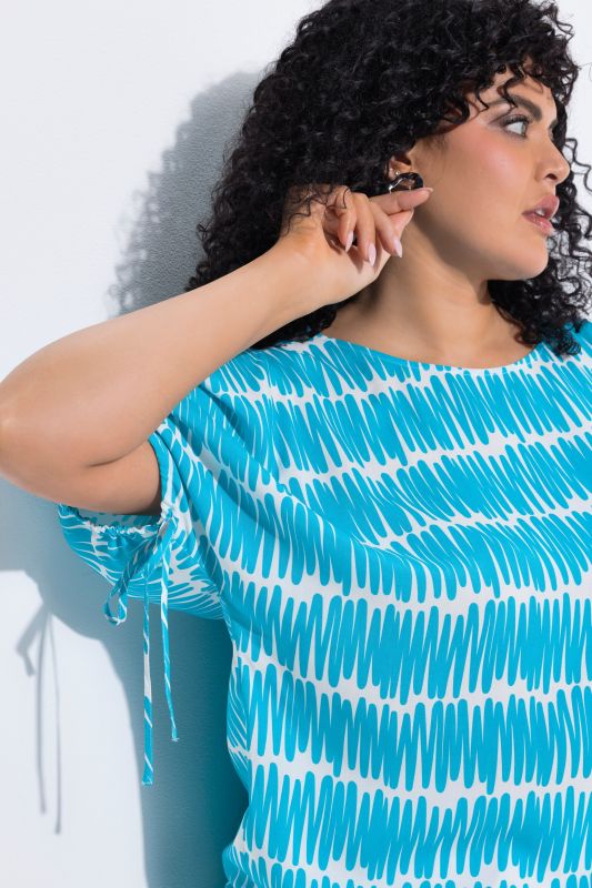 Scribble Print Drawstring Sleeve Blouse