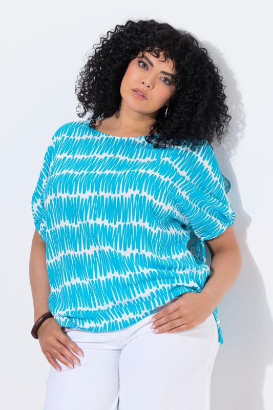 Scribble Print Drawstring Sleeve Blouse