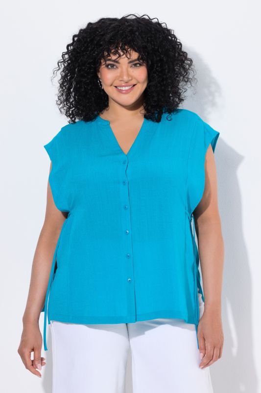 Ribbon Tie Sleeveless Button-Down Blouse