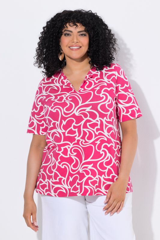 Abstract Swirl Print Short Sleeve Notch Neck Tee
