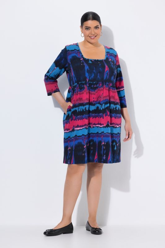 Marbled Stripe Square Neck Knit Empire Waist A-Line Pocket Dress
