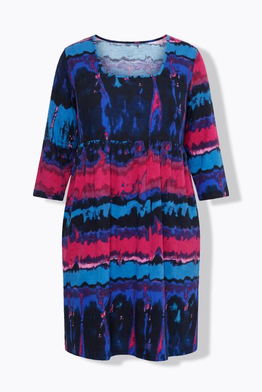 Marbled Stripe Square Neck Knit Empire Waist A-Line Pocket Dress