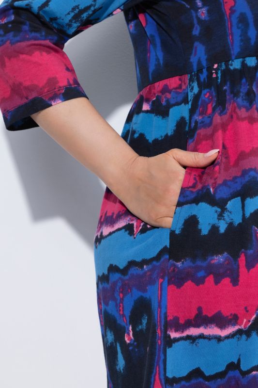 Marbled Stripe Square Neck Knit Empire Waist A-Line Pocket Dress
