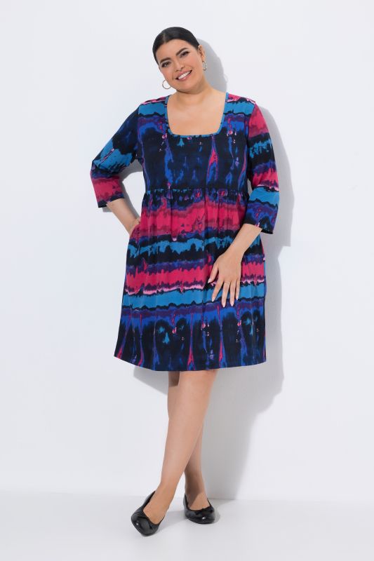 Marbled Stripe Square Neck Knit Empire Waist A-Line Pocket Dress