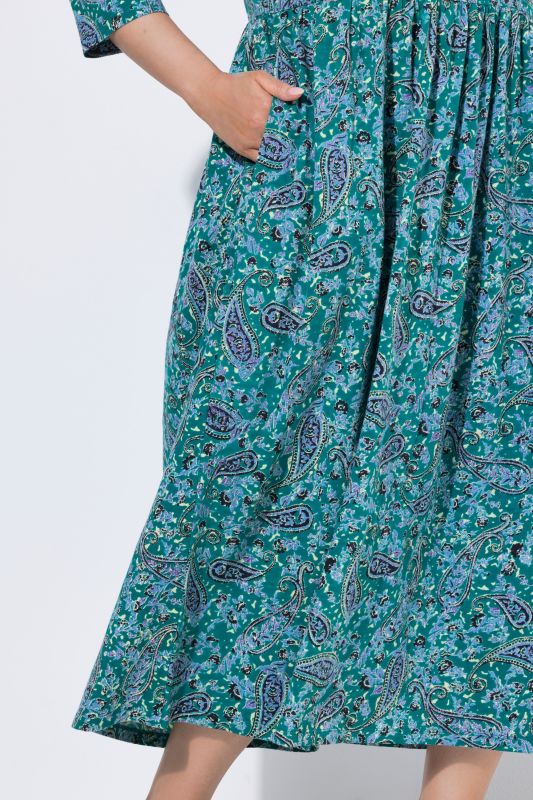 Paisley Bloom V-Neck Knit Empire Waist A-Line Pocket Dress