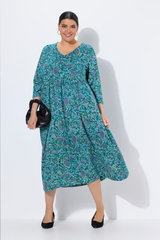 Paisley Bloom V-Neck Knit Empire Waist A-Line Pocket Dress