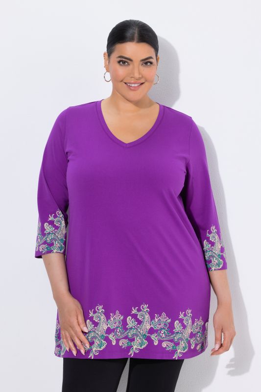 Paisley Border Print 3/4 Sleeve Knit Tunic