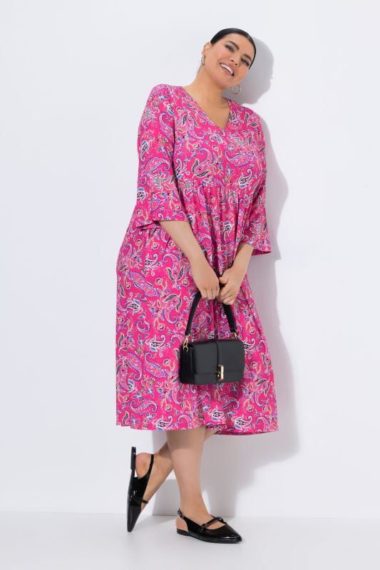 Matte Jersey Pink Paisley Empire Waist A-Line Pocket Dress