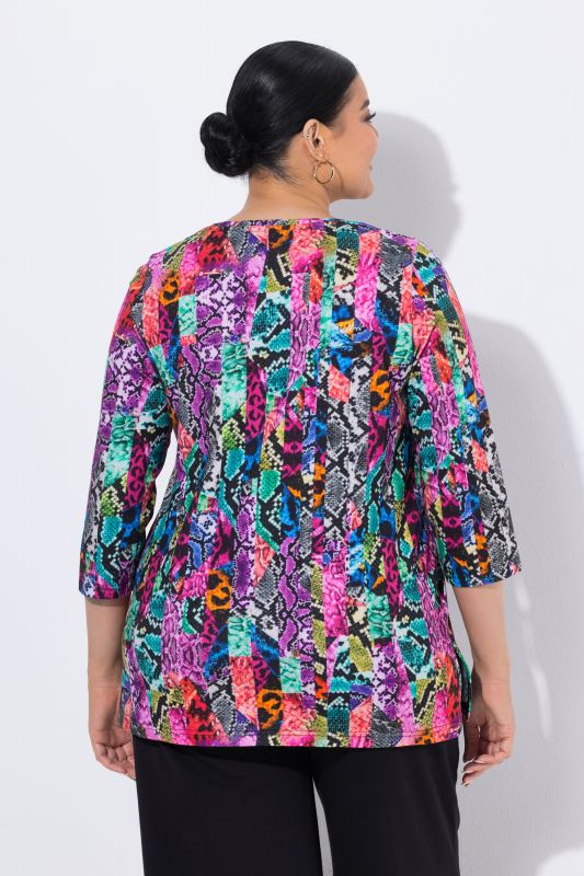 Patchwork Striped Snakeskin Print 3/4 Sleeve Knit T-Shirt
