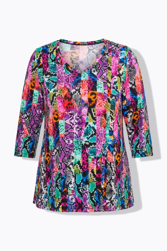 Patchwork Striped Snakeskin Print 3/4 Sleeve Knit T-Shirt