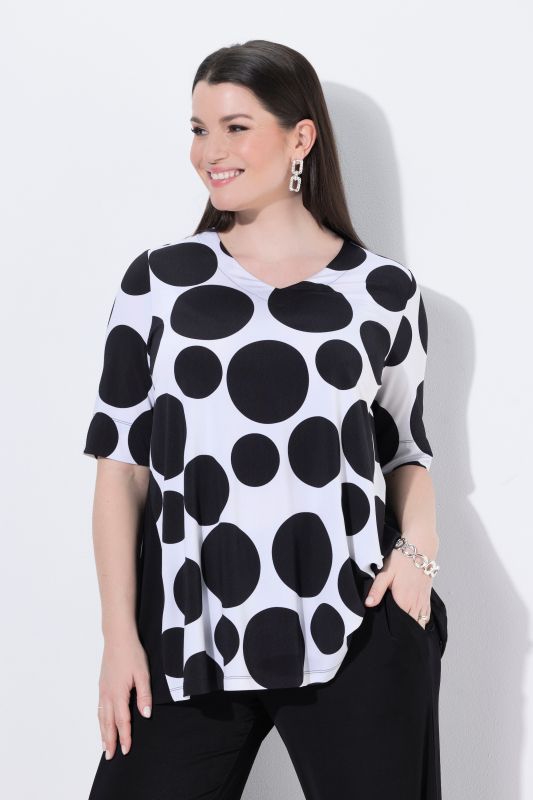 Polka Dot Slinky Stretch-Fit Godet Pleated T-Shirt Blouse