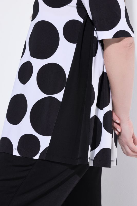 Polka Dot Slinky Stretch-Fit Godet Pleated T-Shirt Blouse