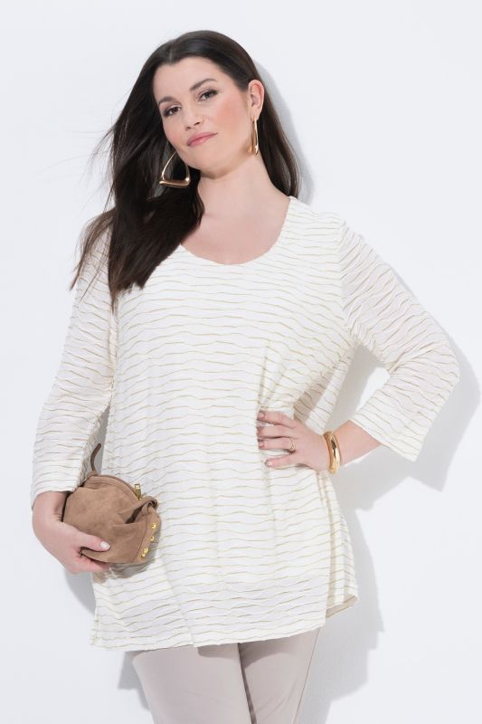 Textured Glitter Stripe 3/4 Sleeve T-Shirt Blouse