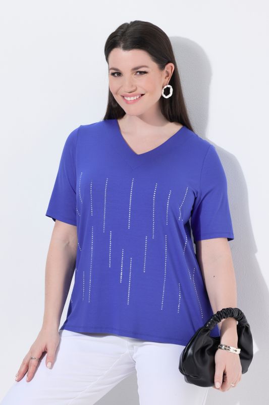 Rhinestone Drip Short Sleeve V-Neck T-Shirt Blouse