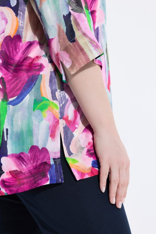 Brushstroke Floral 3/4 Sleeve Satin Blouse