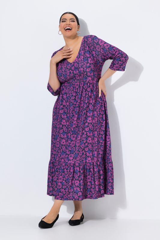 Floral Print 3/4 Sleeve Flounce Dress