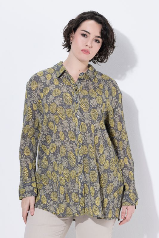 Pineapple Print Long Sleeve Button-Down Blouse