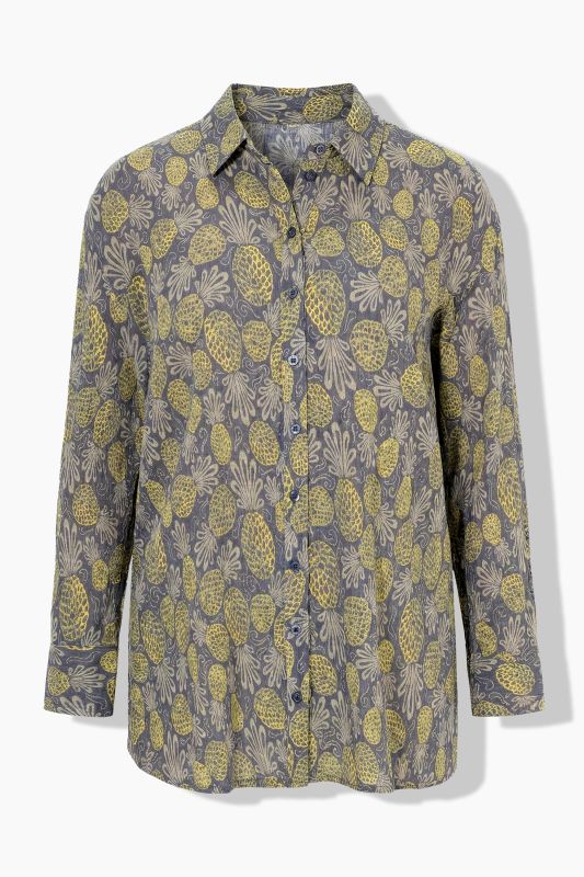 Pineapple Print Long Sleeve Button-Down Blouse