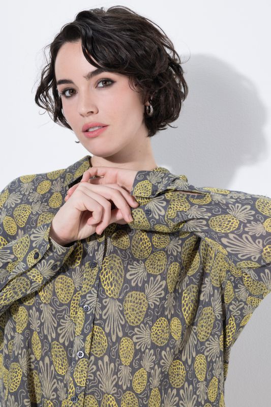 Pineapple Print Long Sleeve Button-Down Blouse