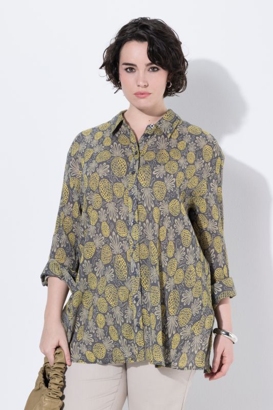 Pineapple Print Long Sleeve Button-Down Blouse