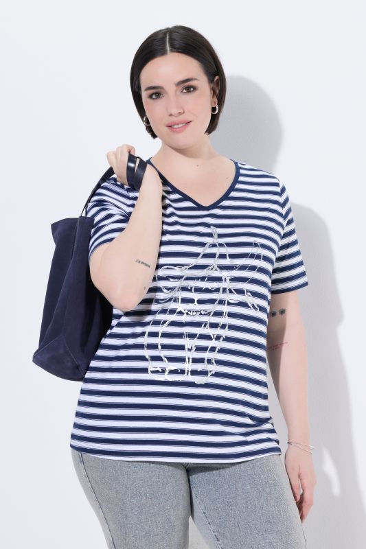 Striped Metallic Animal Motif Short Sleeve Tee