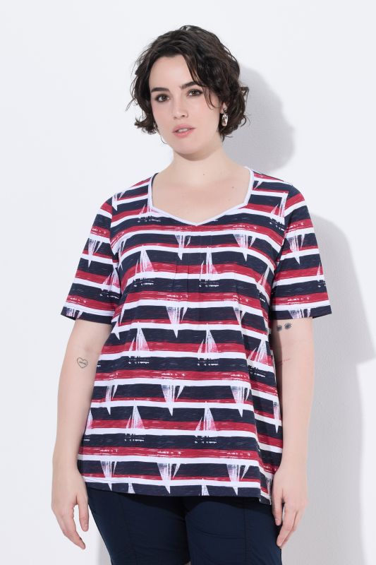 Striped Sailboat Sweetheart Neckline Tee